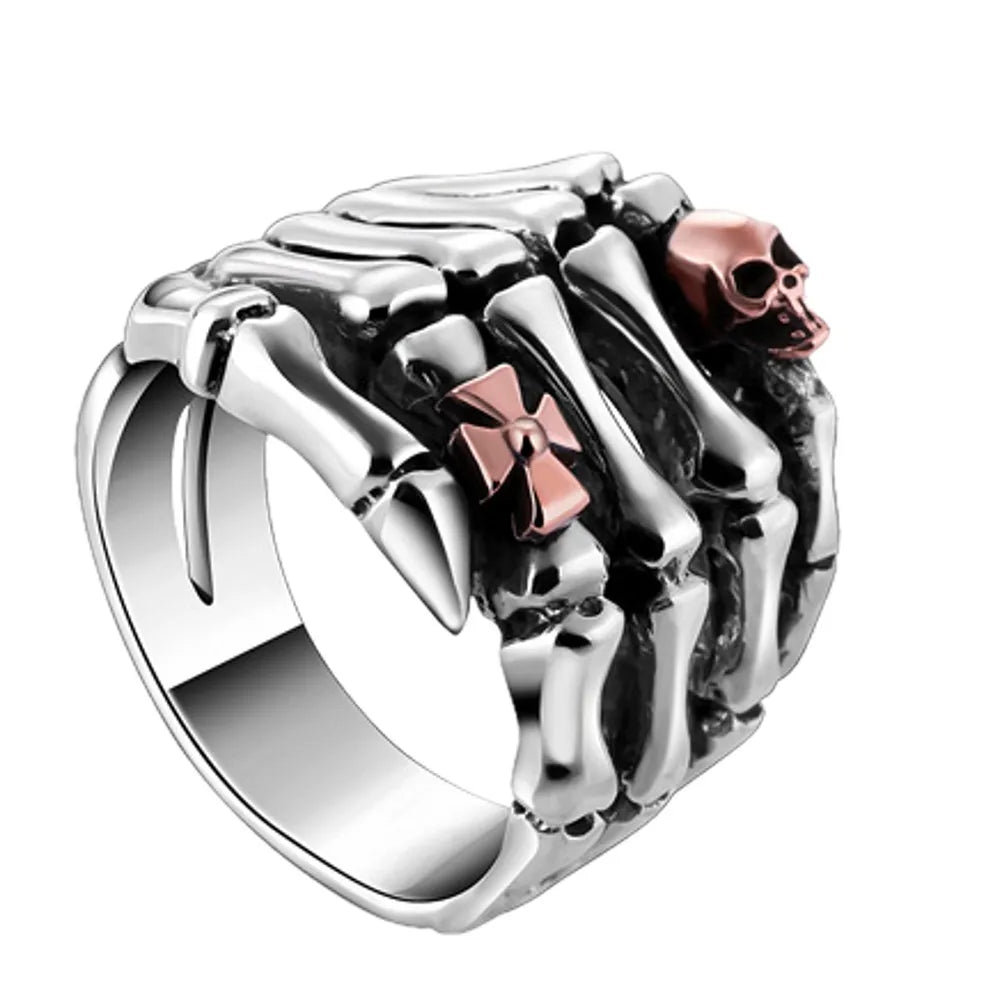 Sterling Silver Skeleton Hand Ring with Rose Gold Skull - Badass Skull Ring