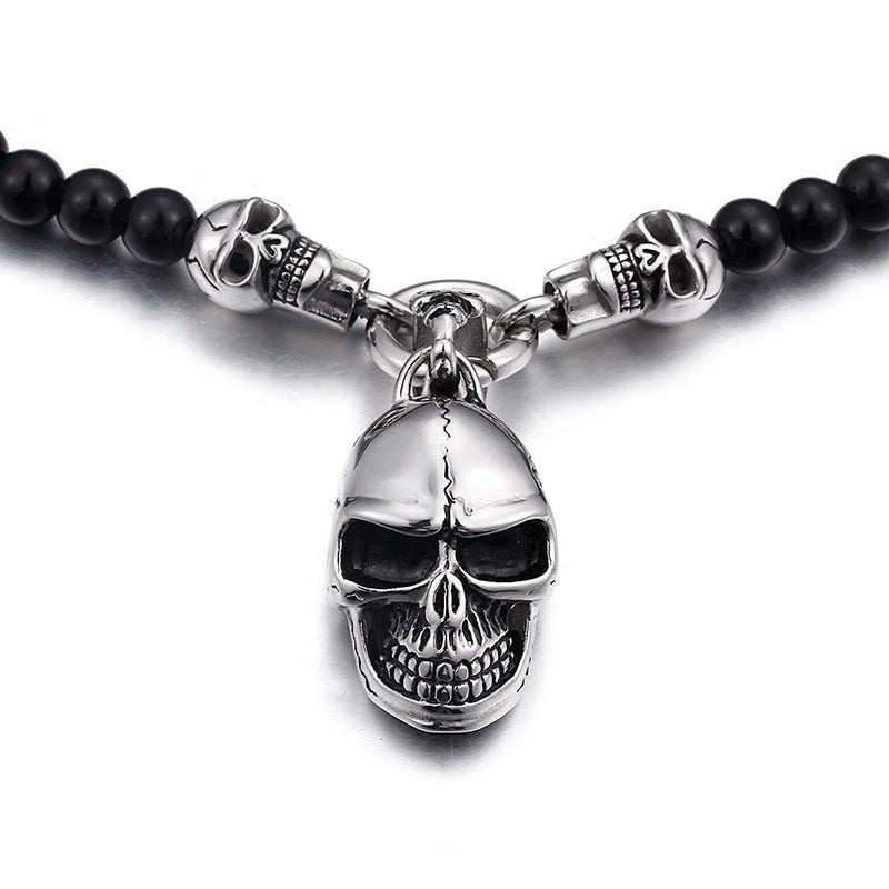 Punk Skull Glass Beads Chain Necklace. Badass biker necklaces. Badass biker jewelry. Badass skull accessories.