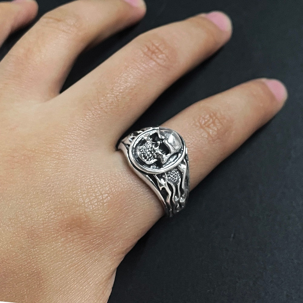 925 Sterling Silver Vintage Hell Fire Skull Ring for Men – Sunken