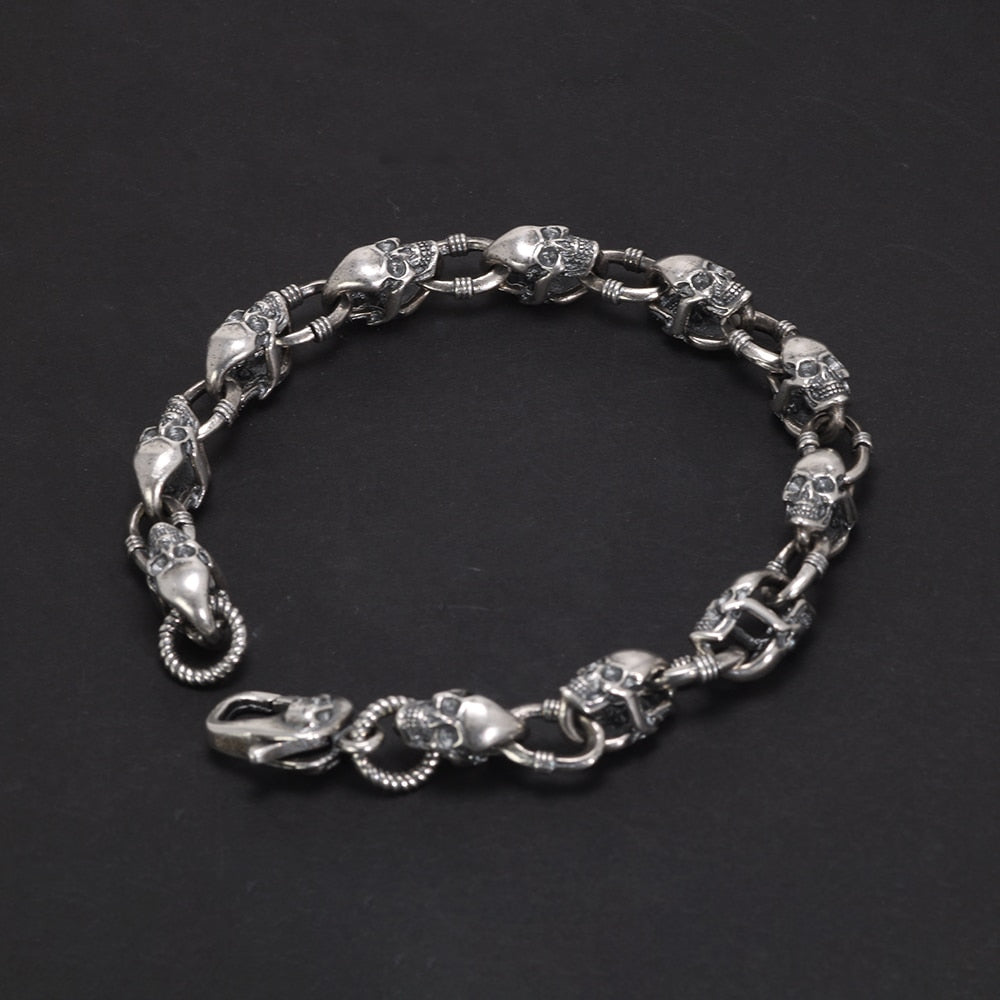 925 Sterling Silver Skull Chain Bracelet - Gothic Street Rock Jewelry for Men and Women. Badass skull bracelets. Badass skull jewelry. Badass skull accessories.