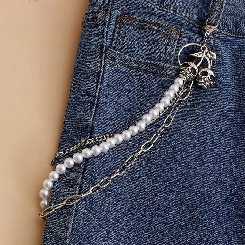 Punk Waist Pants Chain with Skull Keychain - Multilayer Pearl Chains for Men's Jeans. Badass skull accessory. Badass skull wallet chain. Badass skull pant chain.