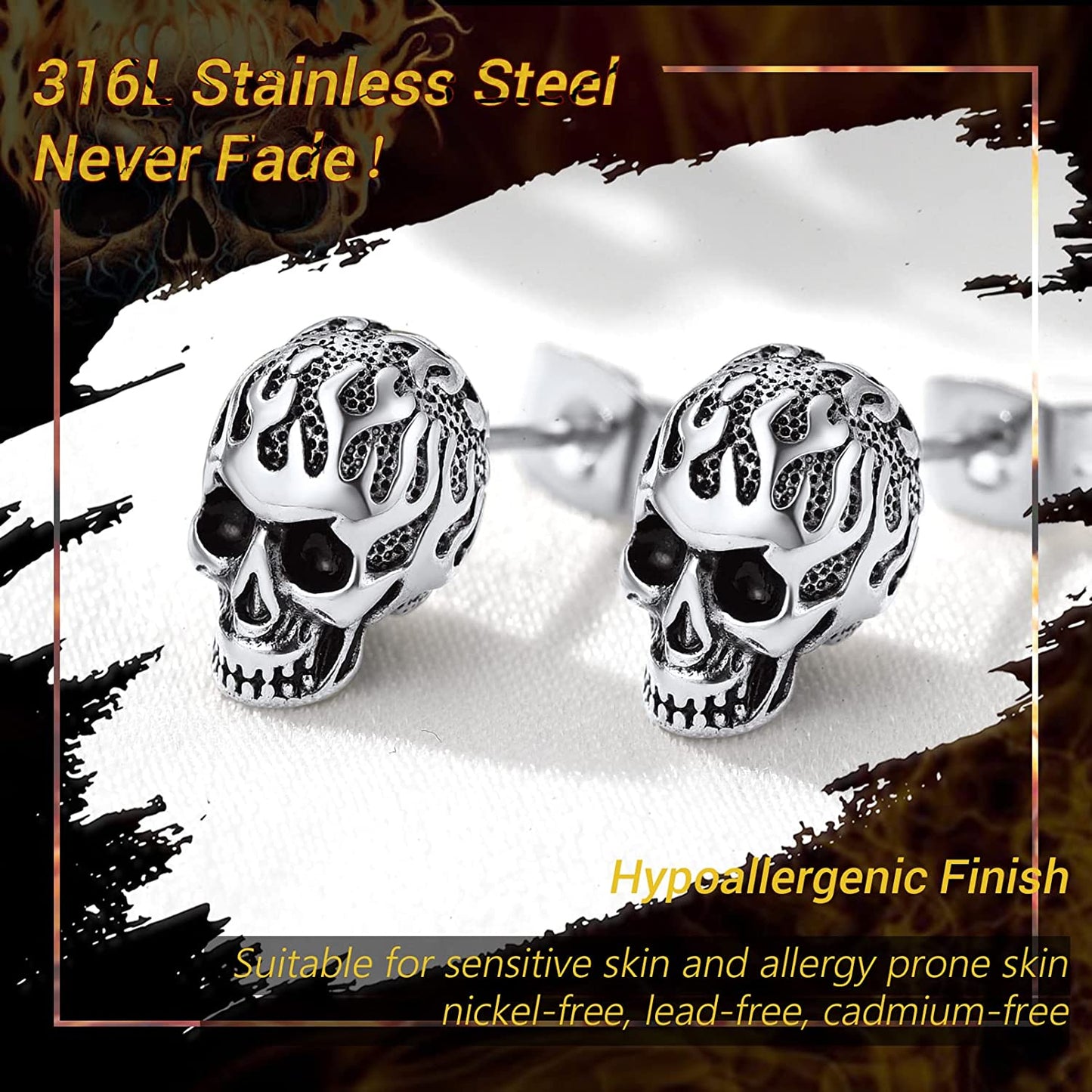 Skull Stud Earrings - Vintage Gothic Stainless Steel Grunge Punk Jewelry for Men and Women