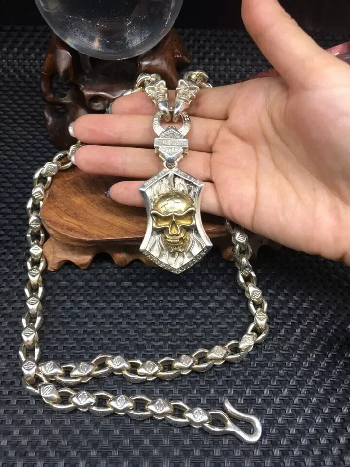 Handcrafted Silver Badass Biker Skull Pendant Necklace