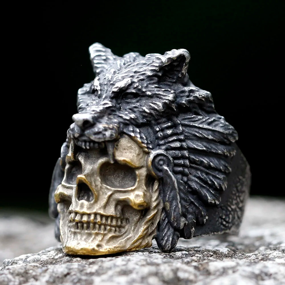 Vintage Stainless Steel Skull and Wolf Head Ring for Men. Badass gifts for badass. Badass birthday gifts. Badass Christmas gifts for badasses. Badass biker skull ring. Badass Biker skull jewelry. Badass skull jewelry. Badass skull accessories. Valentine gifts for him. Anniversary gift for him. Anniversary gift for my badass husband. Badass Birthday gift for my badass boyfriend. Badass Birthday gift for my badass husband.