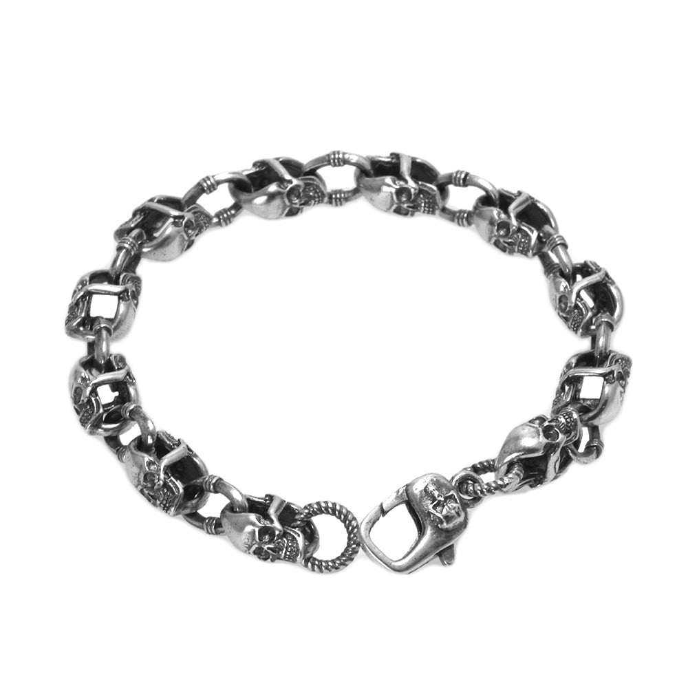 925 Sterling Silver Skull Chain Bracelet - Gothic Street Rock Jewelry for Men and Women. Badass skull bracelets. Badass skull jewelry. Badass skull accessories.