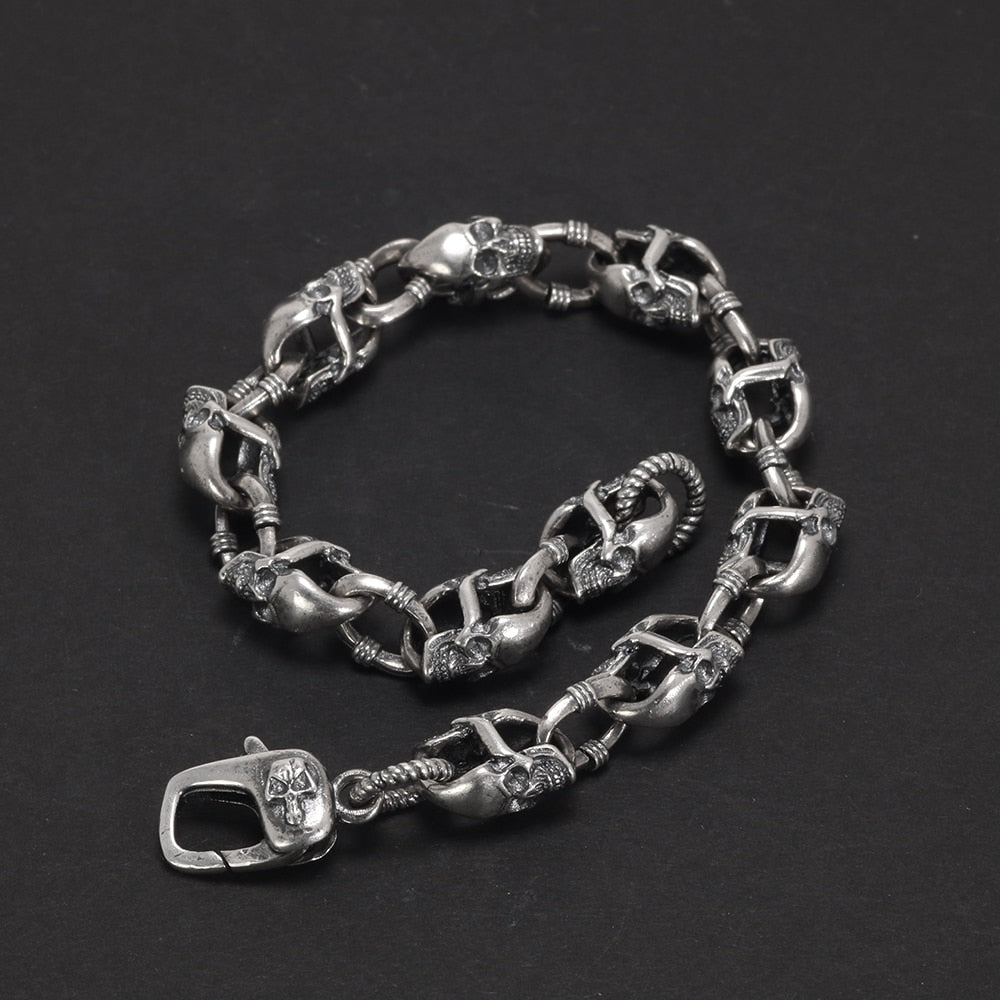 925 Sterling Silver Skull Chain Bracelet - Gothic Street Rock Jewelry for Men and Women. Badass skull bracelets. Badass skull jewelry. Badass skull accessories.