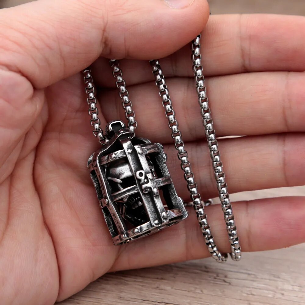 Gothic Cage Skull Pendant Necklace. Badass skull pendant necklace for men. Badass git for badass. Badass skull accessories. Badass skull jewelry. Christmas gift for badass. Christmas gift for bikers. Christmas gifts for tattoo artists.