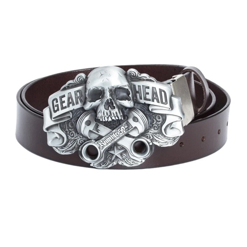 Engraved Belt for Men Casual Jeans Adjustable Belt Gift for Boyfriend Husband Leather Belt Jean Waistband Skull Buckle