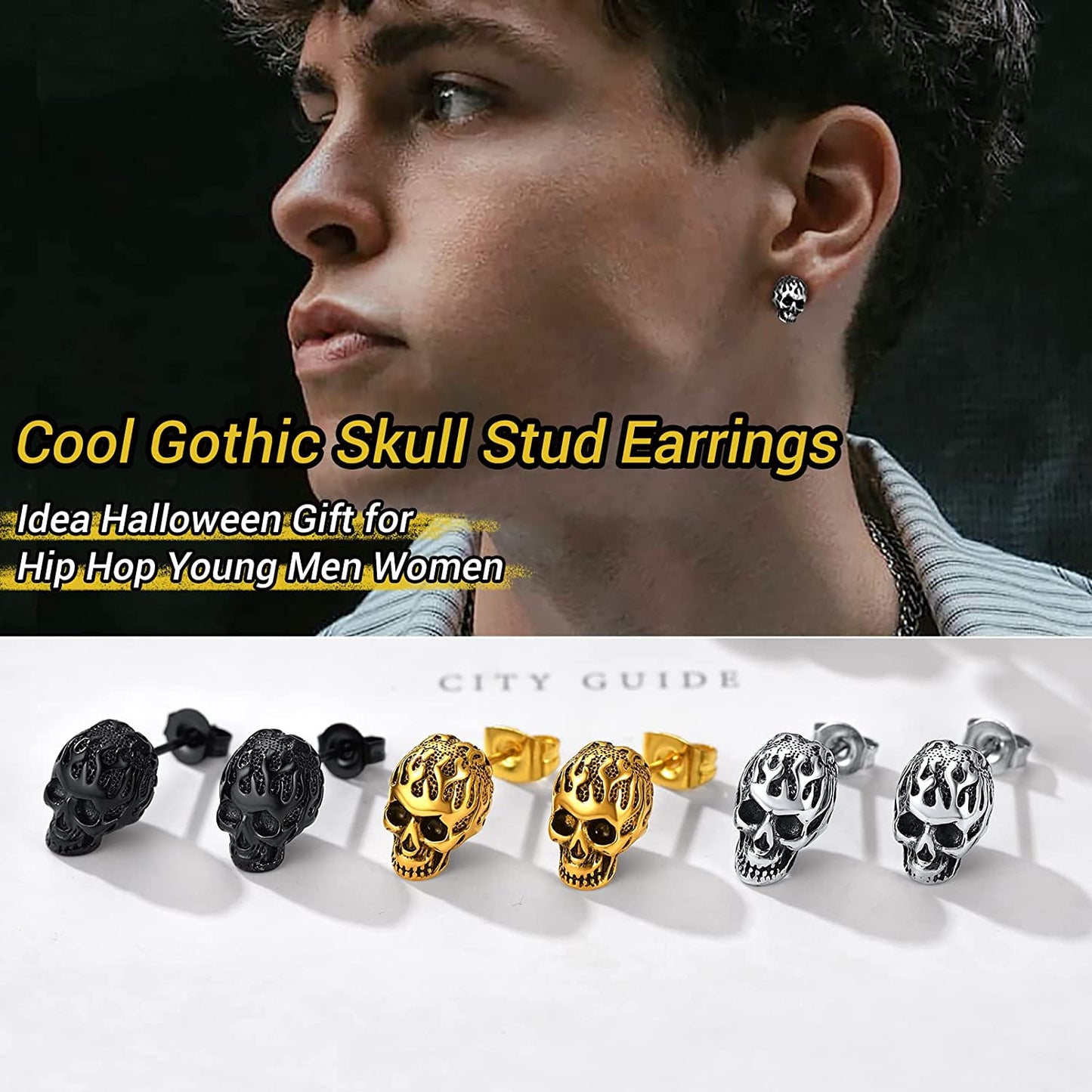 Skull Stud Earrings - Vintage Gothic Stainless Steel Grunge Punk Jewelry for Men and Women