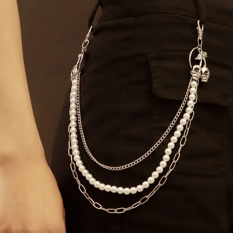Punk Waist Pants Chain with Skull Keychain - Multilayer Pearl Chains for Men's Jeans. Badass skull accessory. Badass skull wallet chain. Badass skull pant chain.
