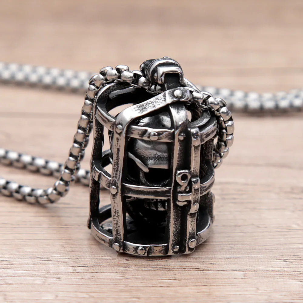 Gothic Cage Skull Pendant Necklace. Badass skull pendant necklace for men. Badass git for badass. Badass skull accessories. Badass skull jewelry. Christmas gift for badass. Christmas gift for bikers. Christmas gifts for tattoo artists.