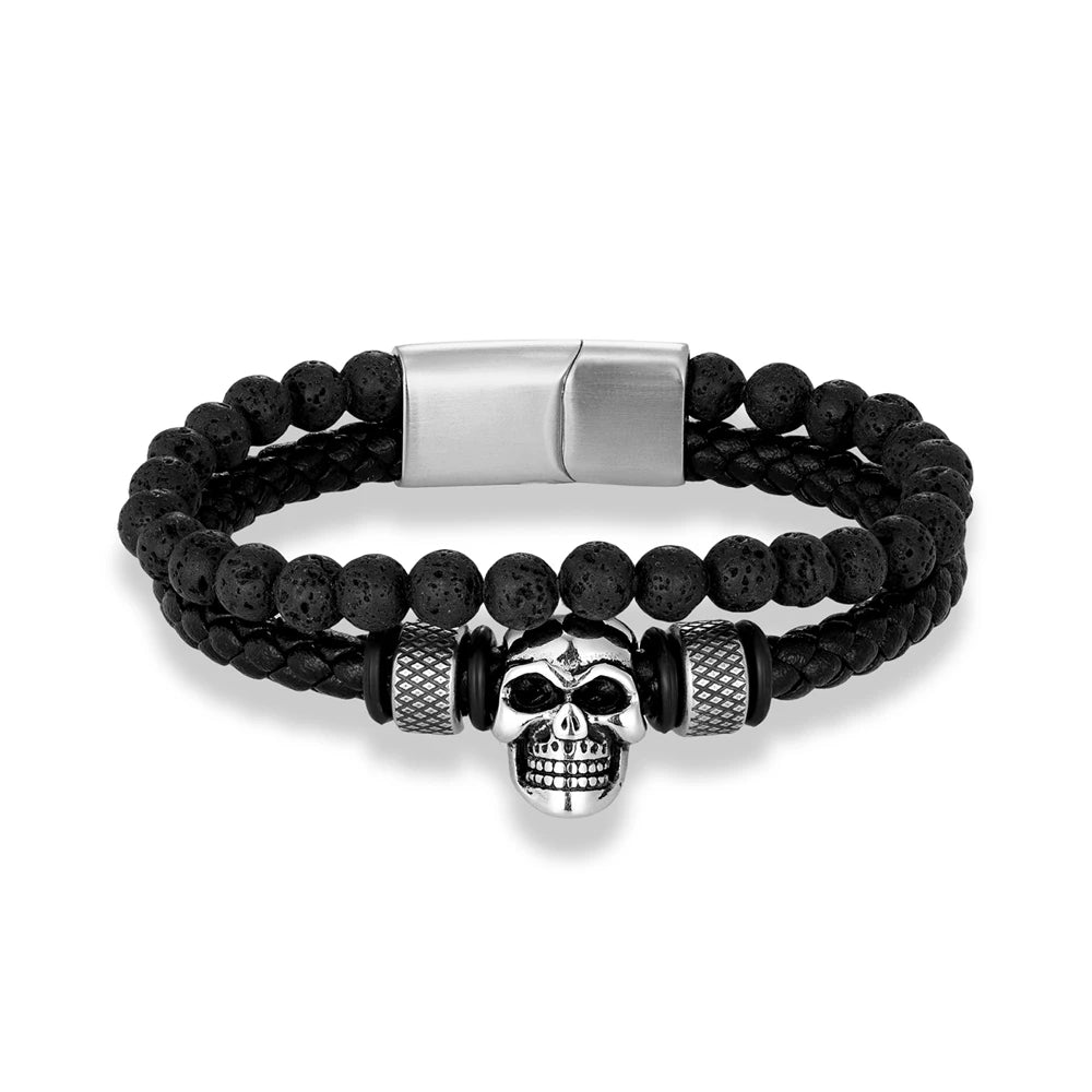 Retro Punk Lava Beaded Skull Leather Bracelet for Men. Badass birthday gifts. Badass Christmas gifts for badasses. Badass skull accessories. Valentine gifts for him and her. Anniversary gift for him and her. Anniversary gift for my badass husband and wife. Badass Birthday gift for my badass boyfriend and girlfriend. Badass Birthday gift for my badass husband and wife. Coolest gift for dad.