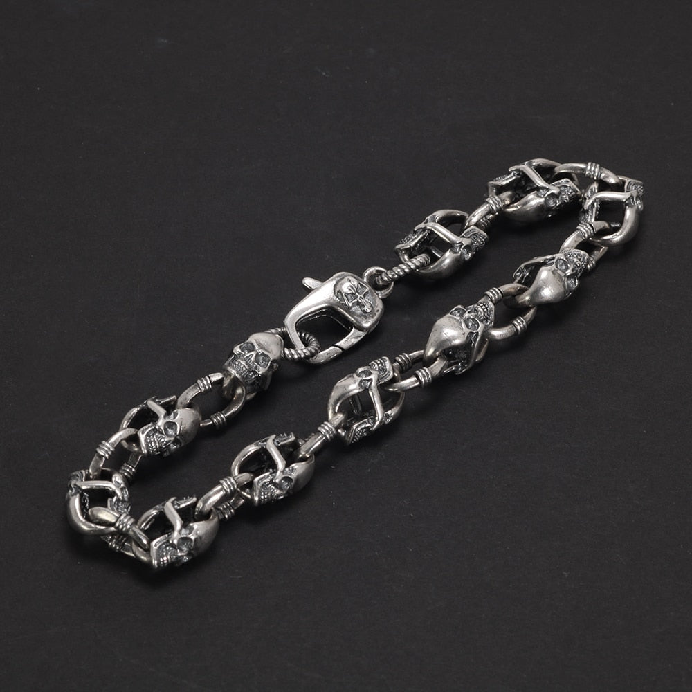 925 Sterling Silver Skull Chain Bracelet - Gothic Street Rock Jewelry for Men and Women. Badass skull bracelets. Badass skull jewelry. Badass skull accessories.
