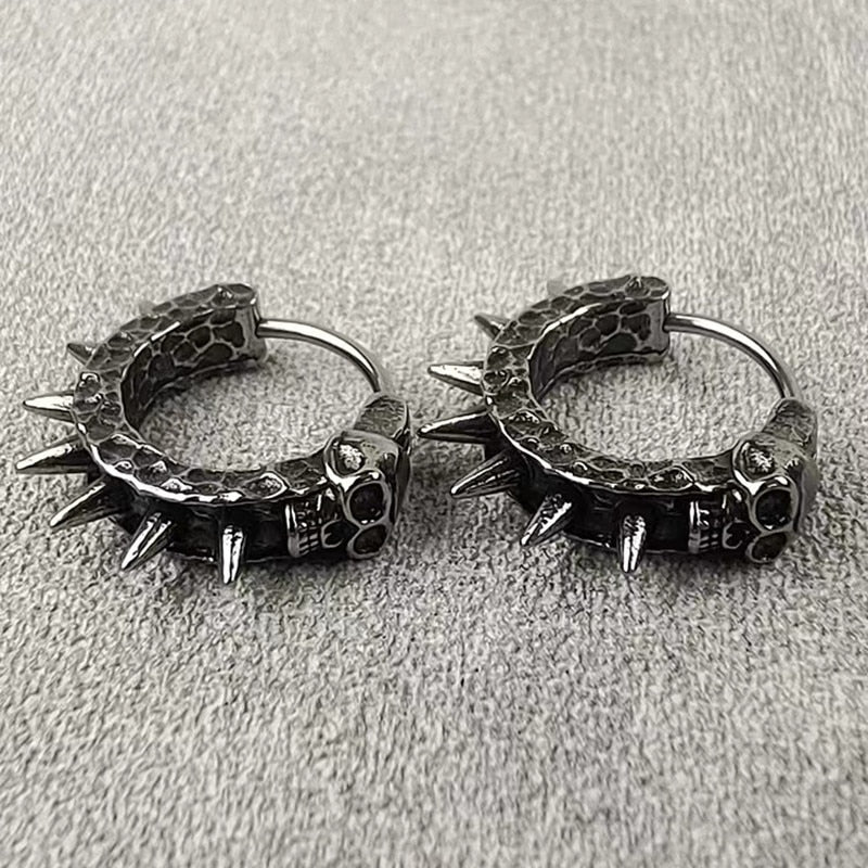 Vintage Black Skull Awl Round Earrings - Gothic Biker Punk Hip Hop Rock Jewelry