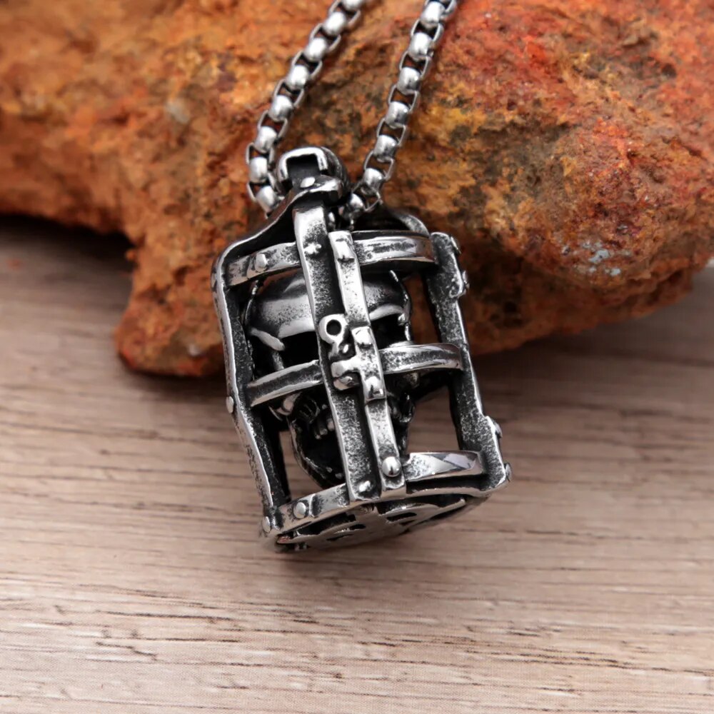 Gothic Cage Skull Pendant Necklace. Badass skull pendant necklace for men. Badass git for badass. Badass skull accessories. Badass skull jewelry. Christmas gift for badass. Christmas gift for bikers. Christmas gifts for tattoo artists.