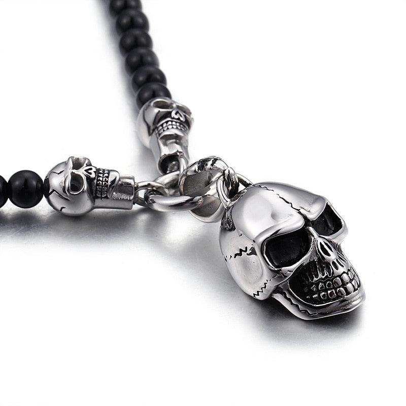 Punk Skull Glass Beads Chain Necklace. Badass biker necklaces. Badass biker jewelry. Badass skull accessories.