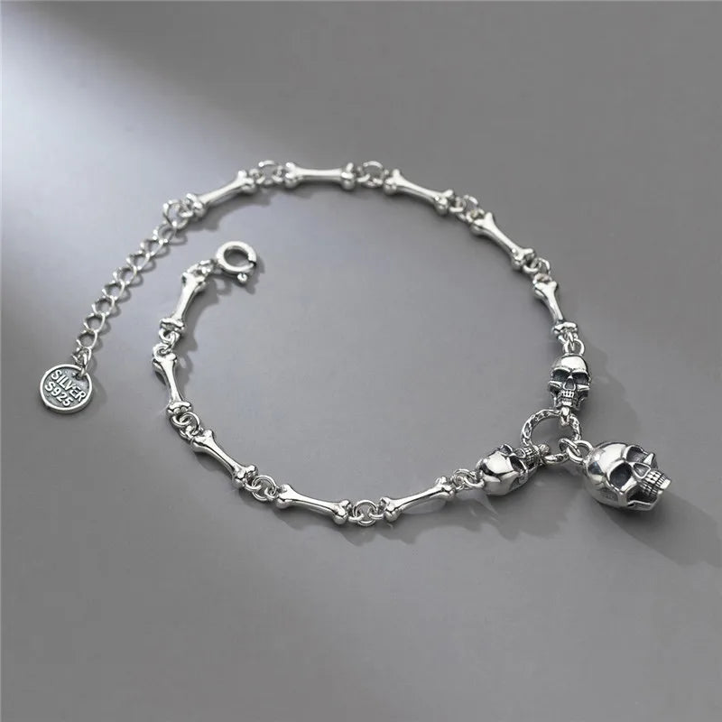 Retro Elegance: 925 Sterling Silver Women's Skull Bone Chain Bracelet