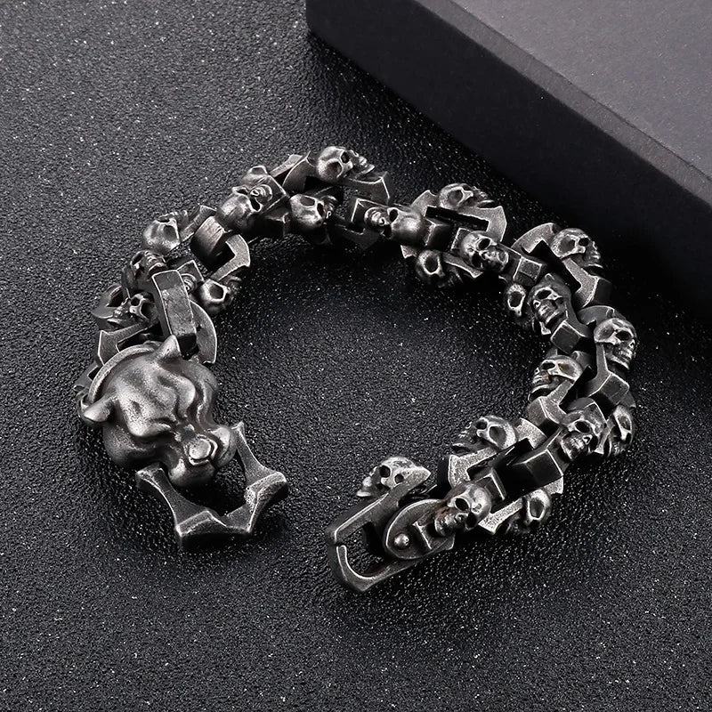 Gothic Ghost Matte Steel Bracelet with Bull Dog Accent. Badass bracelet for men. Cool gift for cool man. Badass gift for bikers. Badass jewelry. Badass biker skull jewelry. Badass skulll accessories. Badass gift for badass. Badass skull accessories. Badass skull jewelry. Christmas gift for badass. Christmas gift for bikers. Christmas gifts for tattoo artists.