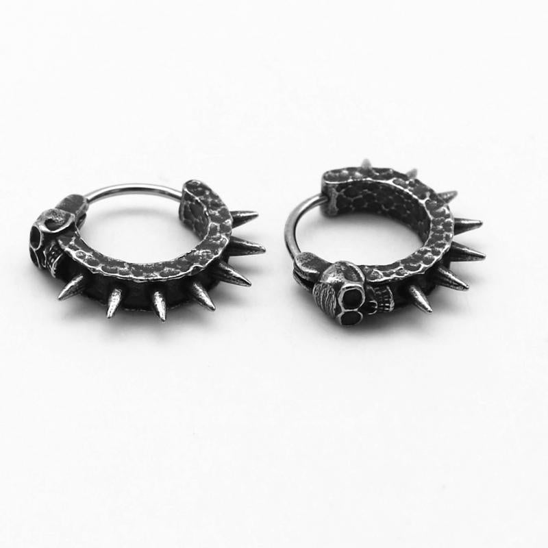 Vintage Black Skull Awl Round Earrings - Gothic Biker Punk Hip Hop Rock Jewelry