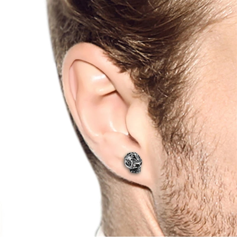 Stainless Steel Black Eye Skull Stud Earrings - Punk Hip Hop Jewelry Accessories