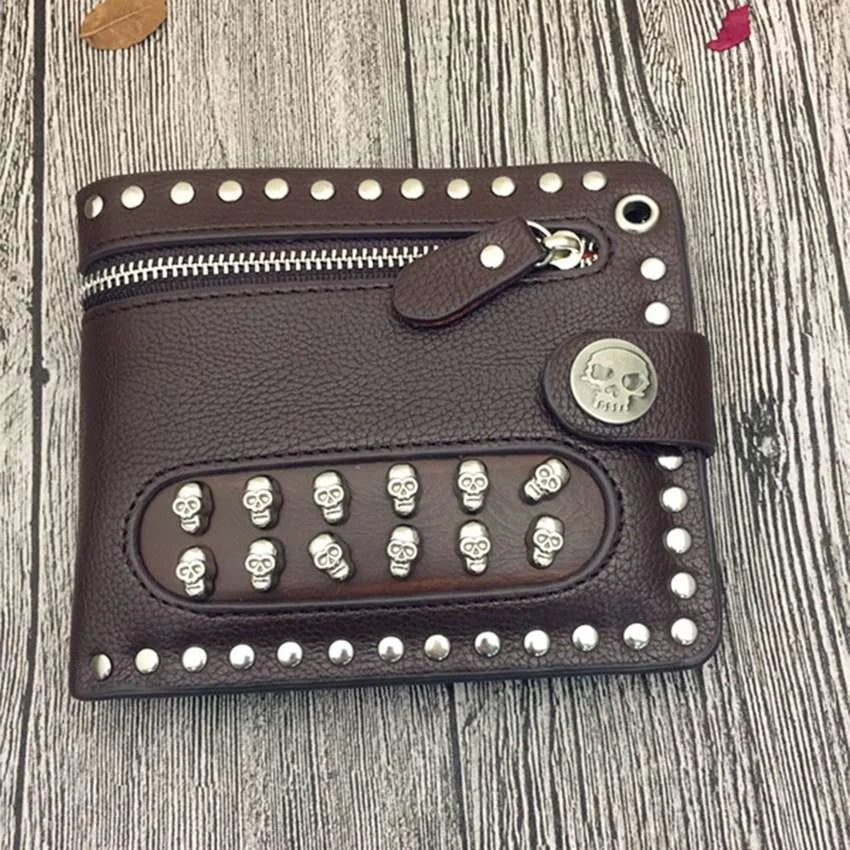 Retro Skull Rivets Men‘s PU Leather Wallet Punk Metal Chain Wallet Zipper Clutch Wallet Money Clip Folded Purse