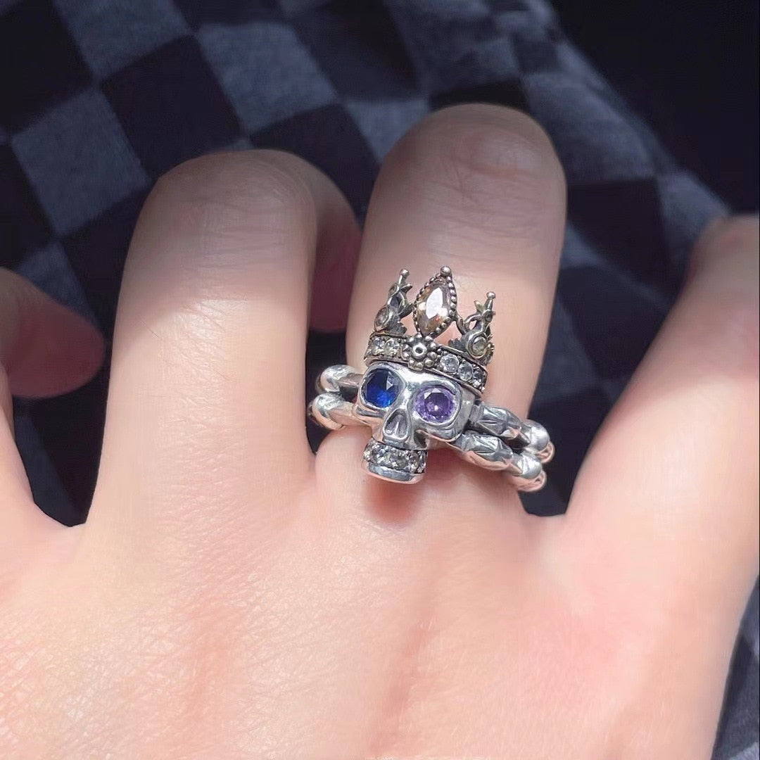 Vintage Gothic Blue Purple Zircon Crown Skull Ring. unique gothic skull ring for women. Badass skull rings. Badass skull jewelry. Badass skull accessories.