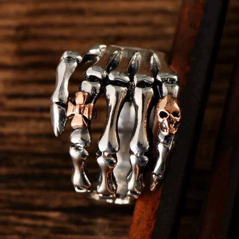 Sterling Silver Skeleton Hand Ring with Rose Gold Skull - Badass Skull Ring