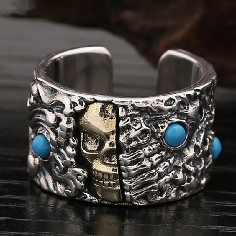 Adjustable Turquoise Skull Charm Sterling Silver Ring. Badass gifts for badass. Badass birthday gifts. Badass Christmas gifts for badasses. Badass skull accessories. Valentine gifts for him. Anniversary gift for him. Anniversary gift for my badass husband. Badass Birthday gift for my badass boyfriend. Badass Birthday gift for my badass husband.
