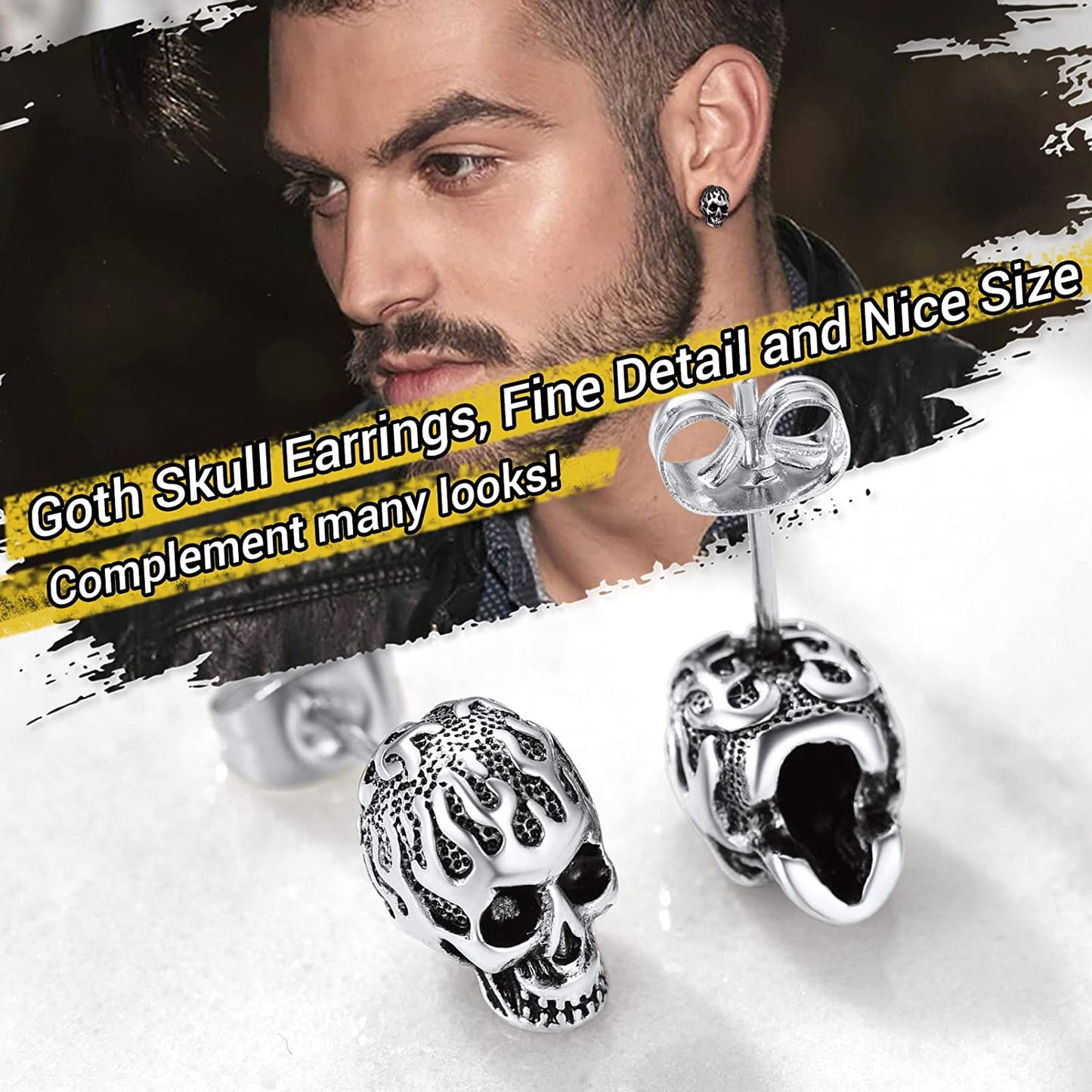 Skull Stud Earrings - Vintage Gothic Stainless Steel Grunge Punk Jewelry for Men and Women