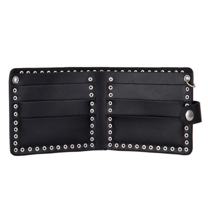 Retro Skull Rivets Men‘s PU Leather Wallet Punk Metal Chain Wallet Zipper Clutch Wallet Money Clip Folded Purse