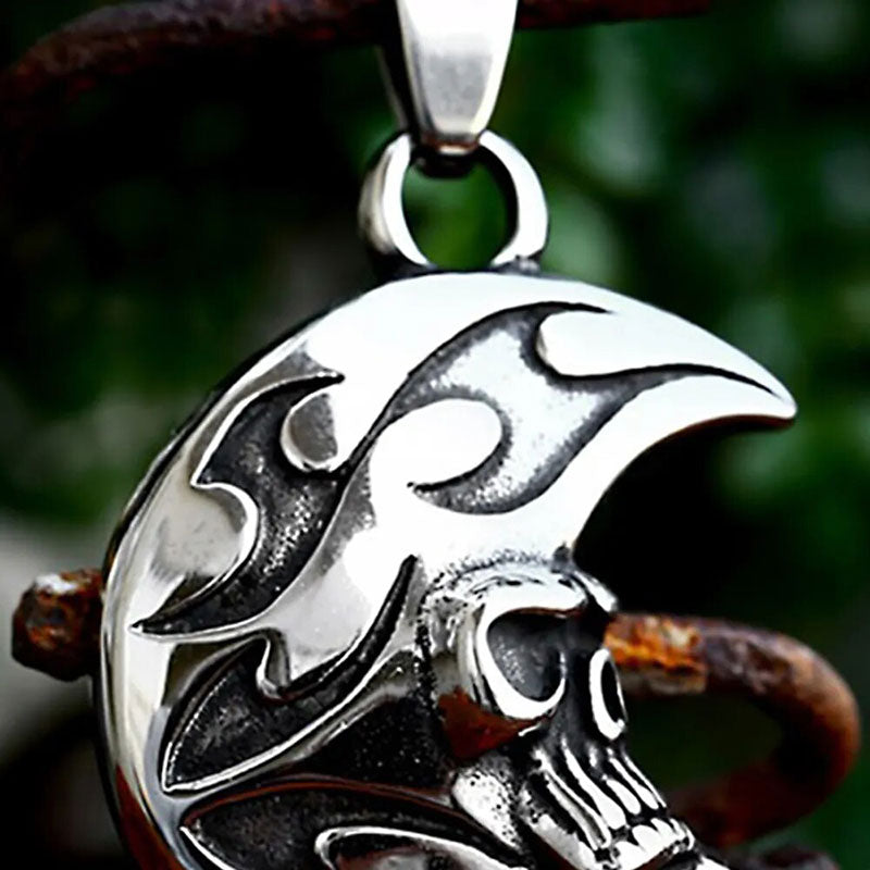 Vintage Stainless Steel Skull Moon Face Pendant Necklace