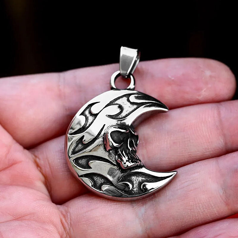 Vintage Stainless Steel Skull Moon Face Pendant Necklace