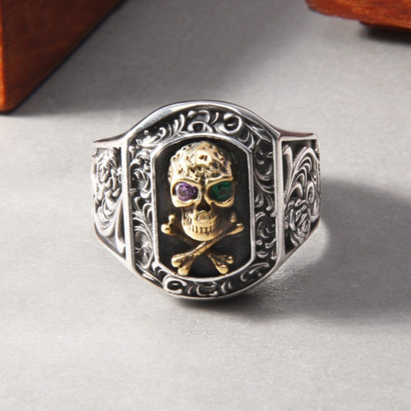 Silver Domineering Tang Grass Skull Ring. Badass skull earrings. Skull rings for men. Badass skull jewelry. Badass biker jewelry. badass skull accessories.