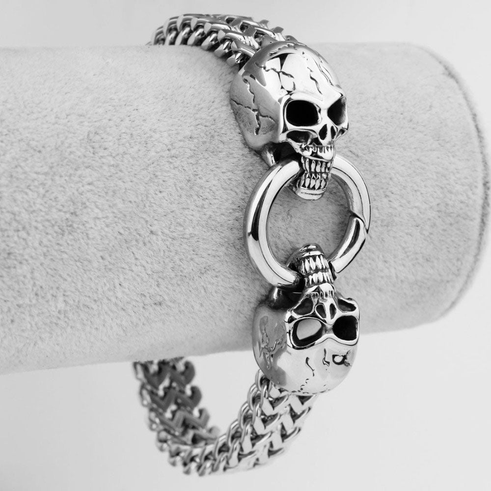 12mm Wide Punk Silver Skull Stainless Steel Bracelets