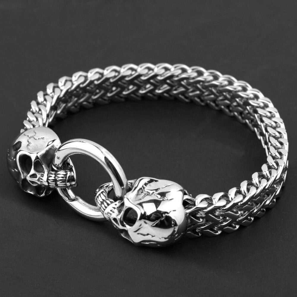 12mm Wide Punk Silver Skull Stainless Steel Bracelets