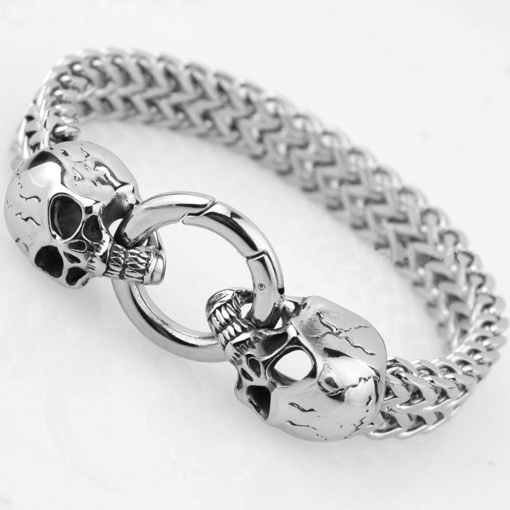 12mm Wide Punk Silver Skull Stainless Steel Bracelets