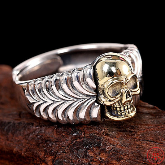 925 Sterling Silver Retro Totem Skull Ring - Adjustable Pure Argentum Punk Hand Jewelry for Men. Badass skull rings. Skull ring for Men. badass skulljewelry. Badass biker jewelry. Badass skull accessories.