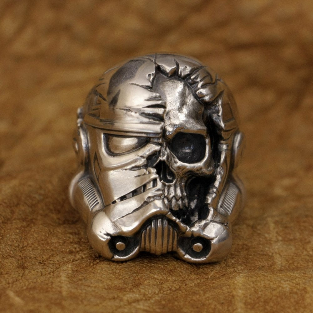 925 Sterling Silver Half Face White Warrior Skull Ring. Badass skull ring. Badass skull jewelry. Badass biker skull rings. Badass biker skull accessories.