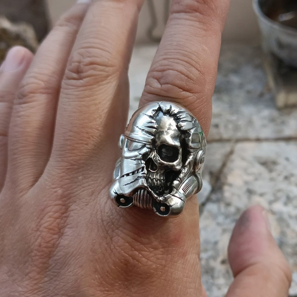 925 Sterling Silver Half Face White Warrior Skull Ring. Badass skull ring. Badass skull jewelry. Badass biker skull rings. Badass biker skull accessories.