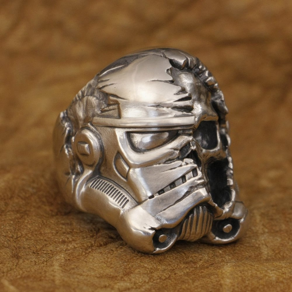 925 Sterling Silver Half Face White Warrior Skull Ring. Badass skull ring. Badass skull jewelry. Badass biker skull rings. Badass biker skull accessories.