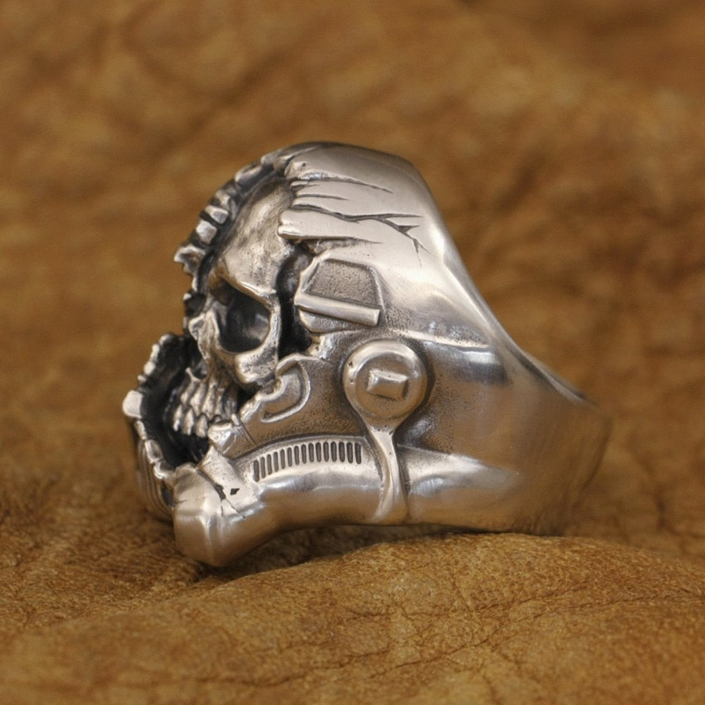 925 Sterling Silver Half Face White Warrior Skull Ring. Badass skull ring. Badass skull jewelry. Badass biker skull rings. Badass biker skull accessories.