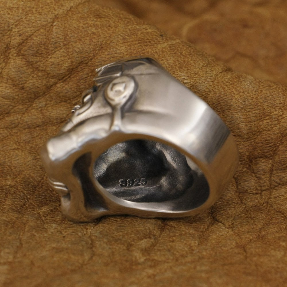 925 Sterling Silver Half Face White Warrior Skull Ring. Badass skull ring. Badass skull jewelry. Badass biker skull rings. Badass biker skull accessories.