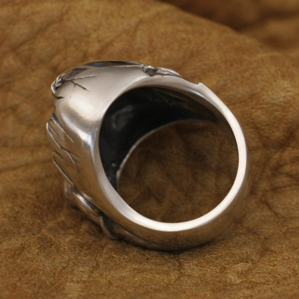 925 Sterling Silver Half Face White Warrior Skull Ring. Badass skull ring. Badass skull jewelry. Badass biker skull rings. Badass biker skull accessories.
