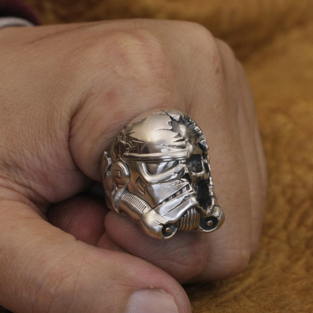 925 Sterling Silver Half Face White Warrior Skull Ring. Badass skull ring. Badass skull jewelry. Badass biker skull rings. Badass biker skull accessories.