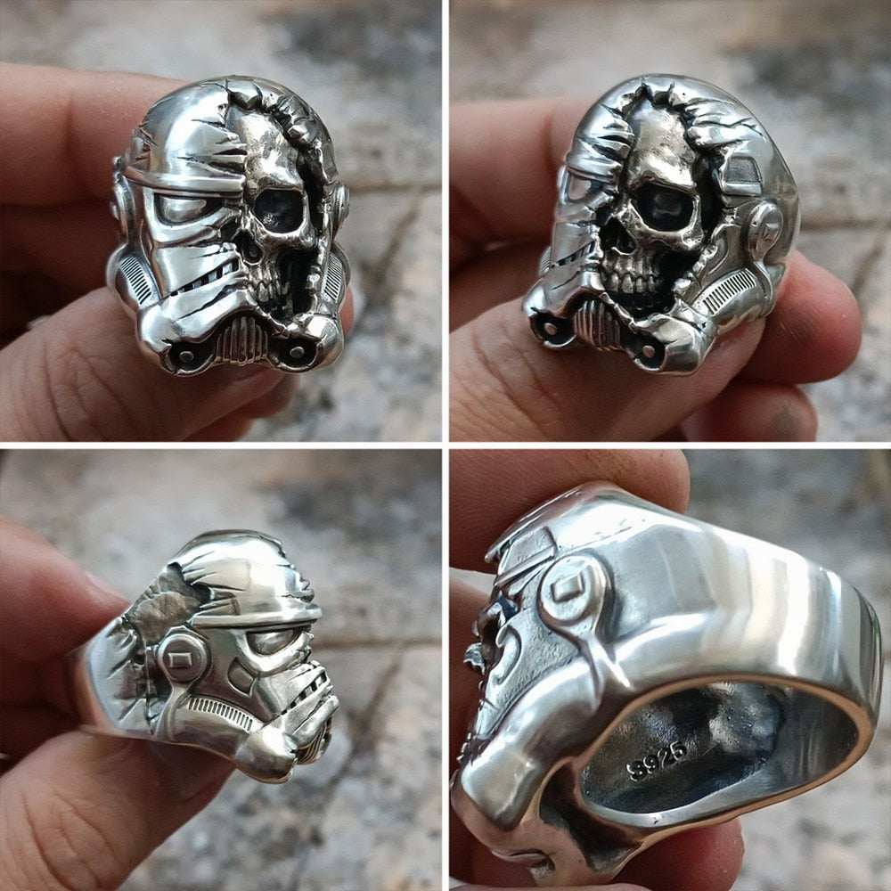 925 Sterling Silver Half Face White Warrior Skull Ring. Badass skull ring. Badass skull jewelry. Badass biker skull rings. Badass biker skull accessories.