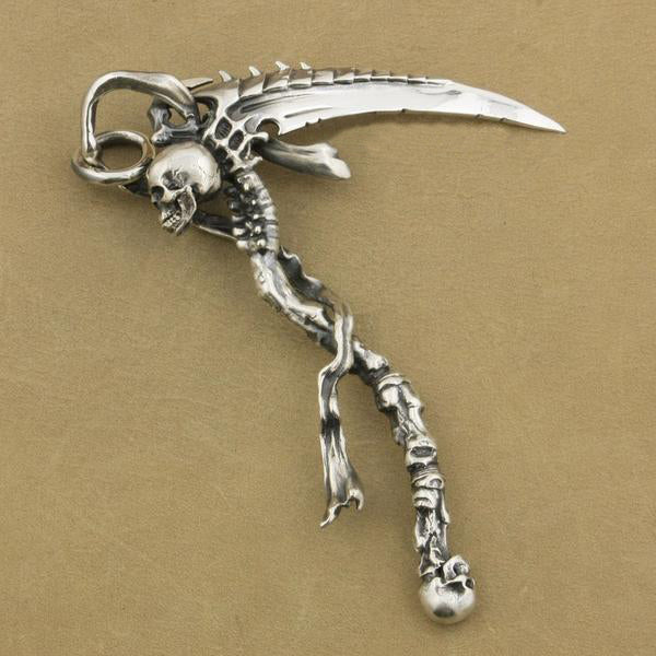 Heavy 925 Sterling Silver Grim Reaper Skull Pendant Necklace