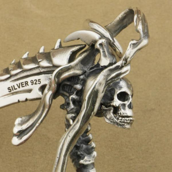 Heavy 925 Sterling Silver Grim Reaper Skull Pendant Necklace