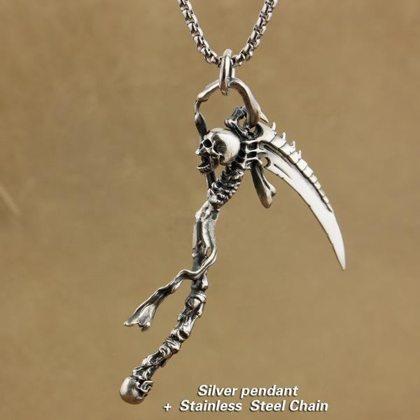 Heavy 925 Sterling Silver Grim Reaper Skull Pendant Necklace