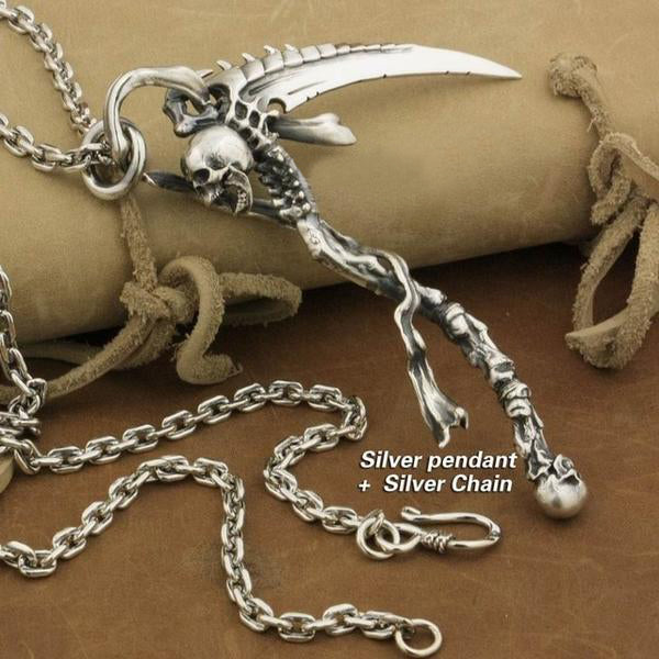 Heavy 925 Sterling Silver Grim Reaper Skull Pendant Necklace