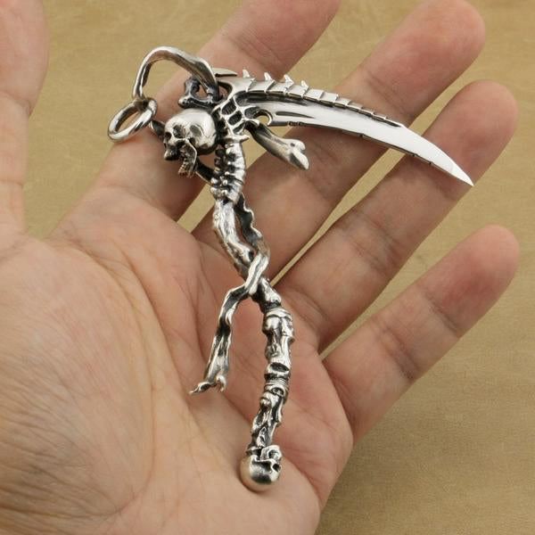 Heavy 925 Sterling Silver Grim Reaper Skull Pendant Necklace